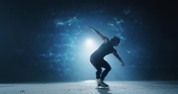 Cinematic shot of young female figure skater with headphones is performing choreography on ice rink with glowing polygonal worldwide network connection lines. Concept of technology,art and connections