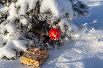 A box with a gift for Christmas and New Year in the snow in the forest under a decorated Christmas tree.