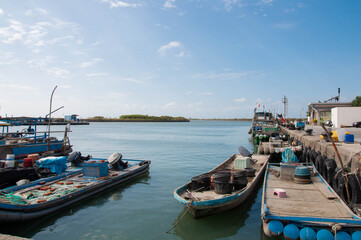 Fototapeta na wymiar Fishing boats moored in port. Taiwan.