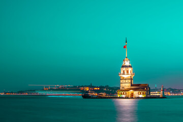 Magnific view of Maiden's Tower (aka Kiz kulesi) at night time. Istanbul's main attractions....