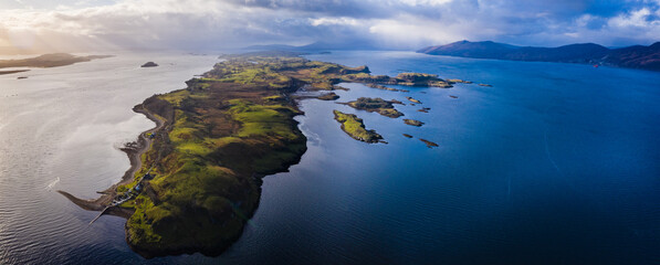 Aerial view of loch linnhe and offshore islands on the west coast of the argyll region of the highlands of Scotland during winter
