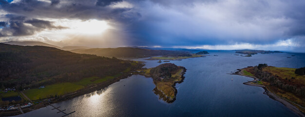 Aerial view of loch linnhe and offshore islands on the west coast of the argyll region of the highlands of Scotland during winter