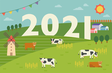A peaceful meadow background where the cows eat grass. flat design style minimal vector illustration.
