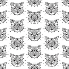 Hand drawn Cats heads Vector Seamless pattern. Ethnic animal. Tribal patterned Cat