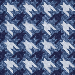Jeans background with Houndstooth Tartan geometric print fashion design. Denim Seamless Vector Pattern Tile. Blue jeans cloth Dog tooth Check Fabric Texture. English background Glen plaid Pattern
