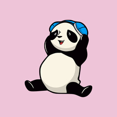 cartoon animal design pandas listen to music with a headset cute mascot logo