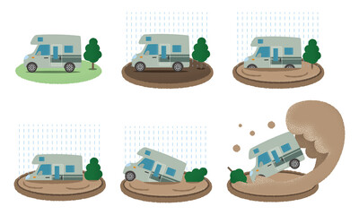浸水の被害に遭うキャンピングカーのベクターイラストセット