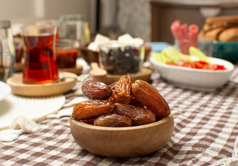 Middle Eastern traditional breakfast during Ramadan fasting (aka: Sahur or Suhoor). Date fruit for dinner or iftar.  Ramadan background. Ramadan kareem.