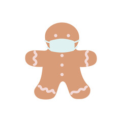 The gingerbread man in the mask. Vector hand-drawn illustration, the concept of a new reality, self-isolation at Christmas.