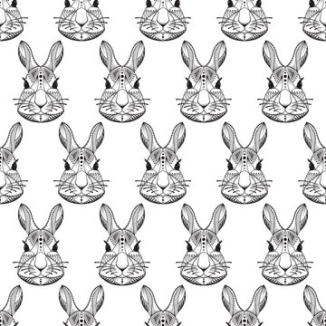 Bunny head. Hand drawn Rabbit heads Vector Seamless pattern. Ethnic animal. Tribal patterned Hare.
