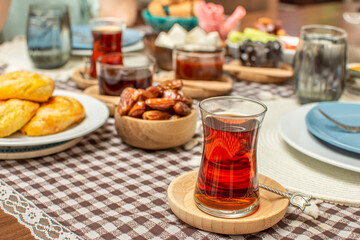 Middle Eastern traditional breakfast during Ramadan fasting (aka: Sahur or Suhoor). Date fruit for dinner or iftar.  Ramadan background. Ramadan kareem.