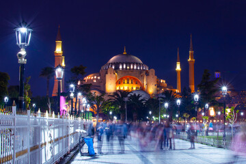 Fototapeta na wymiar Magnific view of Hagia Sophia Museum, Istanbul, Turkey at night time during Ramadan (Turkish: Ramazan) month.