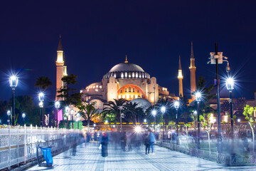 Fototapeta na wymiar Magnific view of Hagia Sophia Museum, Istanbul, Turkey at night time during Ramadan (Turkish: Ramazan) month.
