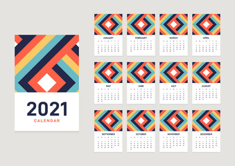 2021 calendar design template with 12 months decorative with geometric shape pattern