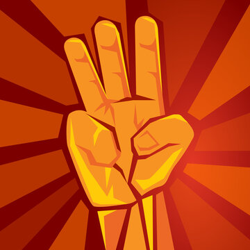 Three Finger Hand Showing Raised Supporting Movement Symbol Of Retro Socialism Poster Vector Illustration In Red Background