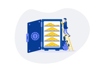 Invest in gold concept design. Miniature people are safe gold in golden safe box - Vector illustration.