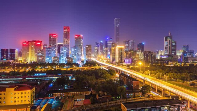 China,Beijing financial center,international trade and business circle,modern cityscape at night,time lapse.