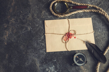 vintage letters with compass and magnifier