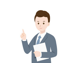 ビジネスマン　会社員　スーツ姿の男性　閃き　指を指す