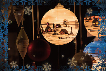 アンティークな雰囲気の童話風イラストデコレーションランプのクリスマスカード（文字無し）