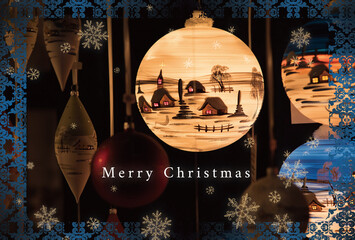 アンティークな雰囲気の童話風イラストデコレーションランプのクリスマスカード（文字有り）