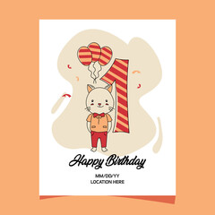 1st birthday party invitation card with cartoon baby animal cat character design