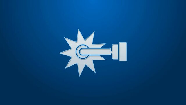 White line Cowboy horse riding spur for boot icon isolated on blue background. 4K Video motion graphic animation.