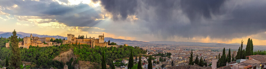 The Panoramic of Alhambra palace and fortress located in Granada, Andalusia, Spain