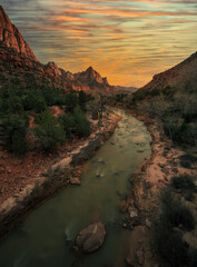 Vertical of Zion National Park with river flow in sunset - 396914849