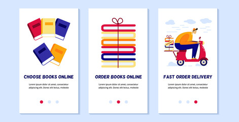 Application page templates for the delivery of orders from an online bookstore. Concepts of pages depicting product selection, ordering and delivery.