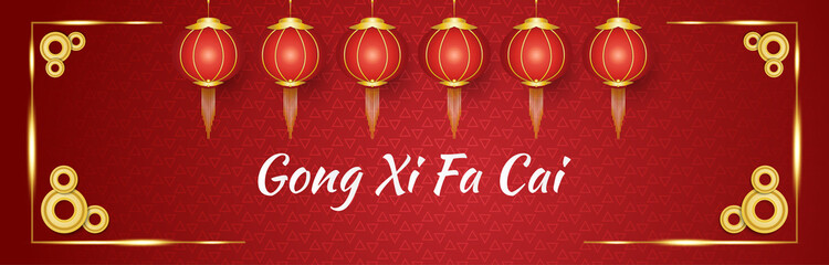 Naklejka premium Gong xi fa cai greeting banner with red and gold lanterns and coins on a red ornamental background