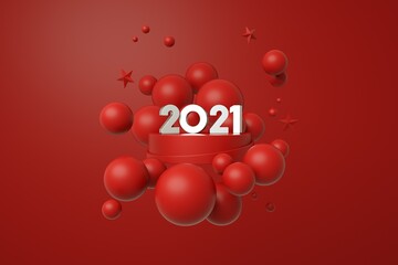 2021 New Year background. Holiday 3d rendering of numbers 2021 and abstract balls. Festive poster or banner design. Party invitation