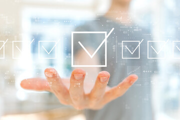 Checklist concept with young man holding his hand