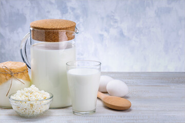 Still life with dairy product on wooden table with copy space.