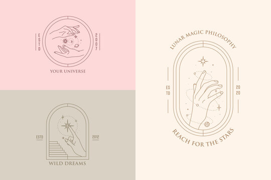 Vector Hand Gestures Set Of Logo Design Templates In Minimal Linear Style. Planet, Moon, Stars. Pastel Colors.