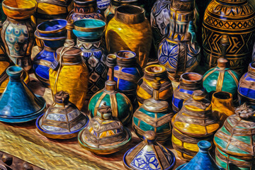 Colorful handmade ceramic pots and pans typical of the moorish culture in the medina of Marrakesh. The exotic city at the Atlas Mountain range foothill in southern Morocco. Oil paint filter.