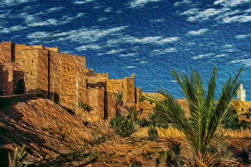 Backside of Kasbah Taourirt, former fortress palace mud-built in the village of Ouarzazate. Mainly inhabited by Berber speakers this Moroccan town is known as the desert door. Oil paint filter.