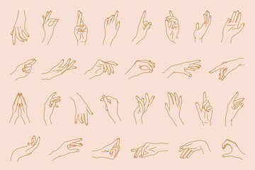 Vector hand gestures set of abstract logo template. Crossed fingers, open, close, ok gesture, reaching hand and etc. Linear elements isolated on pastel background.