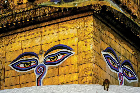 Buddha eyes painted on the top of a Stupa, a richly decorated temple, and monkey in Kathmandu. The exotic and chaotic capital of Nepal, at the bottom of the Himalayan mountain range. Oil paint filter.