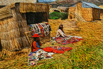 Indigenous women selling typical rugs at the Uros village on floating islands made of totora reeds in the Lake Titicaca. A large and deep lake in the Peruvian Andes near Puno. Oil paint filter.