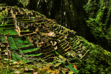 Fototapeta na wymiar Stone walls from houses and terraces at the Inca archaeological city of Machu Picchu. Perched on a rock at the Andes mountain range, it is the most visited tourist attraction in Peru. Oil paint filter