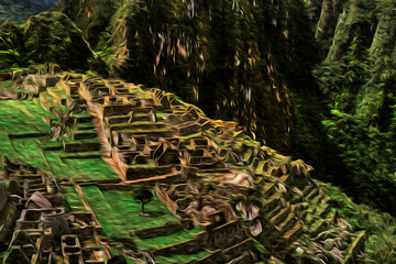 Fototapeta na wymiar Stone walls from houses and terraces at the Inca archaeological city of Machu Picchu. Perched on a rock at the Andes mountain range, it is the most visited tourist attraction in Peru. Oil paint filter