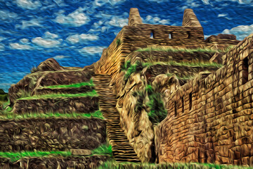 Stone walls and long staircase in the old Inca city of Machu Picchu. Perched on a rock at the Andes mountain range, it is the most visited tourist attraction in Peru. Oil paint filter