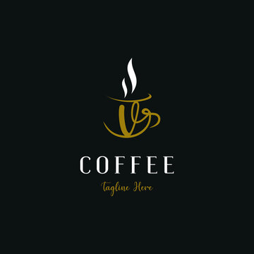 Initial v letter on cup coffee concept logo for coffee shop and store, cafeteria brand template