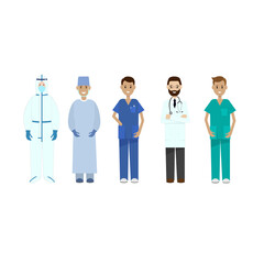 various doctors, surgeons, nurses, male medical personnel in the fight against covid-19.
