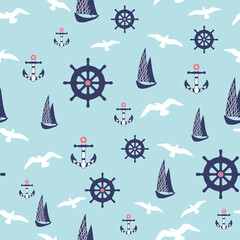 Fototapeta na wymiar Cute Marine pattern, nautical seamless pattern, Anchors, boat, steering wheel on blue background