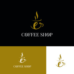 Initial e letter on cup coffee concept logo for coffee shop and store, cafeteria brand template