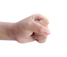 hand of child, baby power. Close up of a child's fist on white background.
