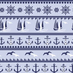 Cute Marine pattern, nautical seamless pattern, Anchors, boat, steering wheel stripe background