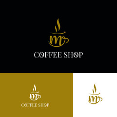 Initial m letter on cup coffee concept logo for coffee shop and store, cafeteria brand template